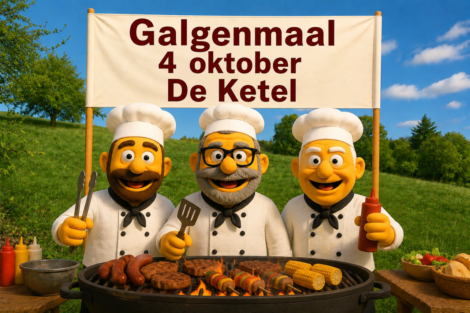 Drie koks aan de barbecue onder een spandoek met Galgenmaal, 4 oktober, De Ketel.